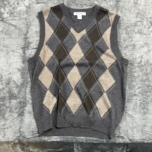 Pronto Uomo Sweater Vest Mens M Grey Argyle V-Neck Knit Wool Blend